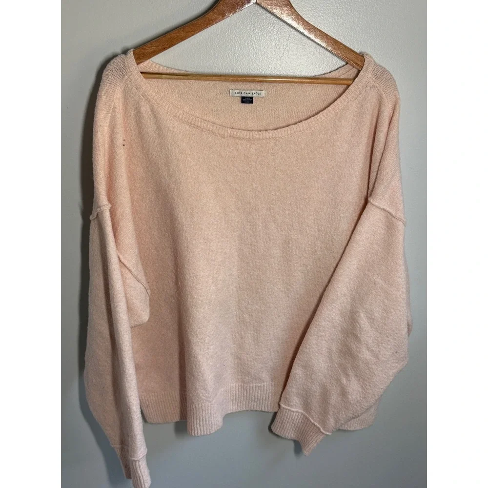 American Eagle Women Peach Pink Oversized Boat Neck Knit Sweater Large L